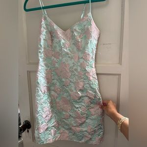 Lulus pink and blue jacquard print fitted mini dress